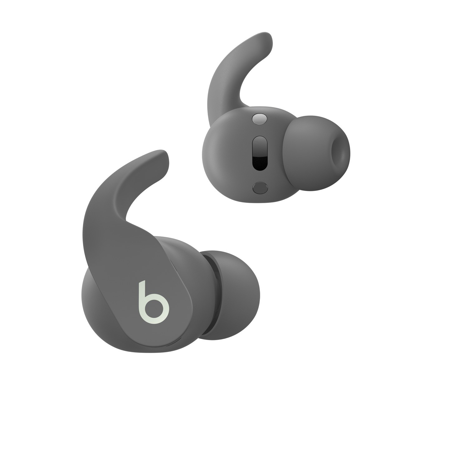 Par de auriculares Beats grises. Cada uno tiene un gancho curvo y un logo 'b' blanco.