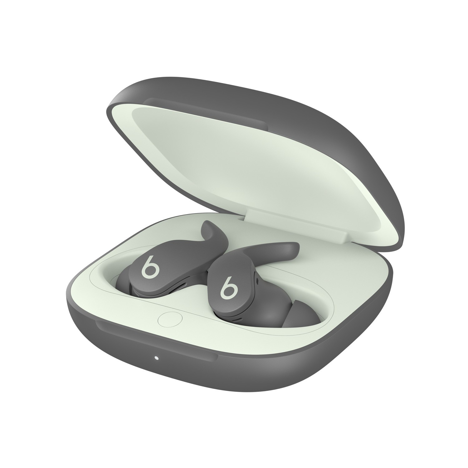 Auriculares y estuche de carga, abiertos, grises y verde claro.