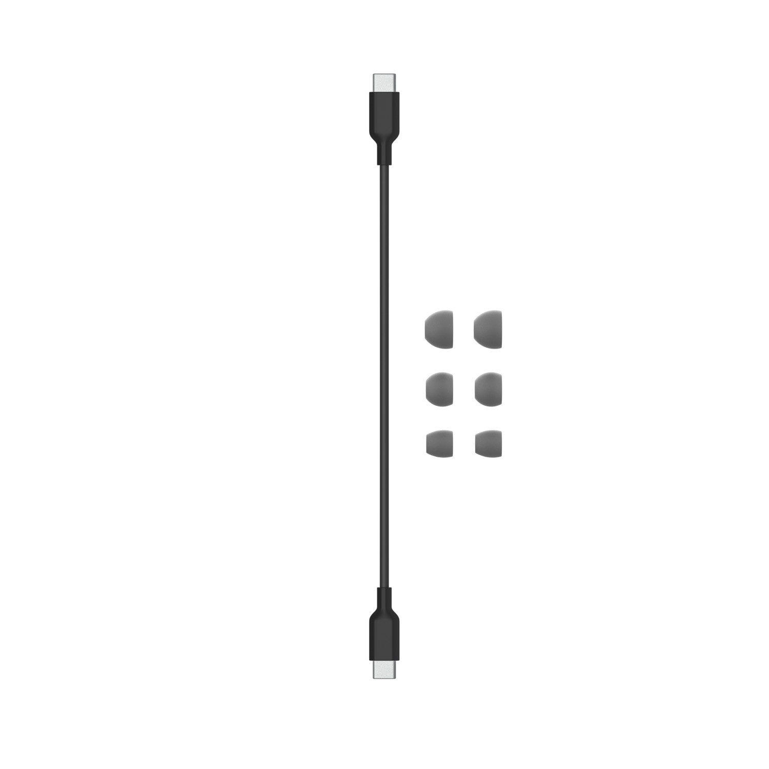 Un cable USB-C con puntas para los oídos. El cable es negro y las puntas grises.