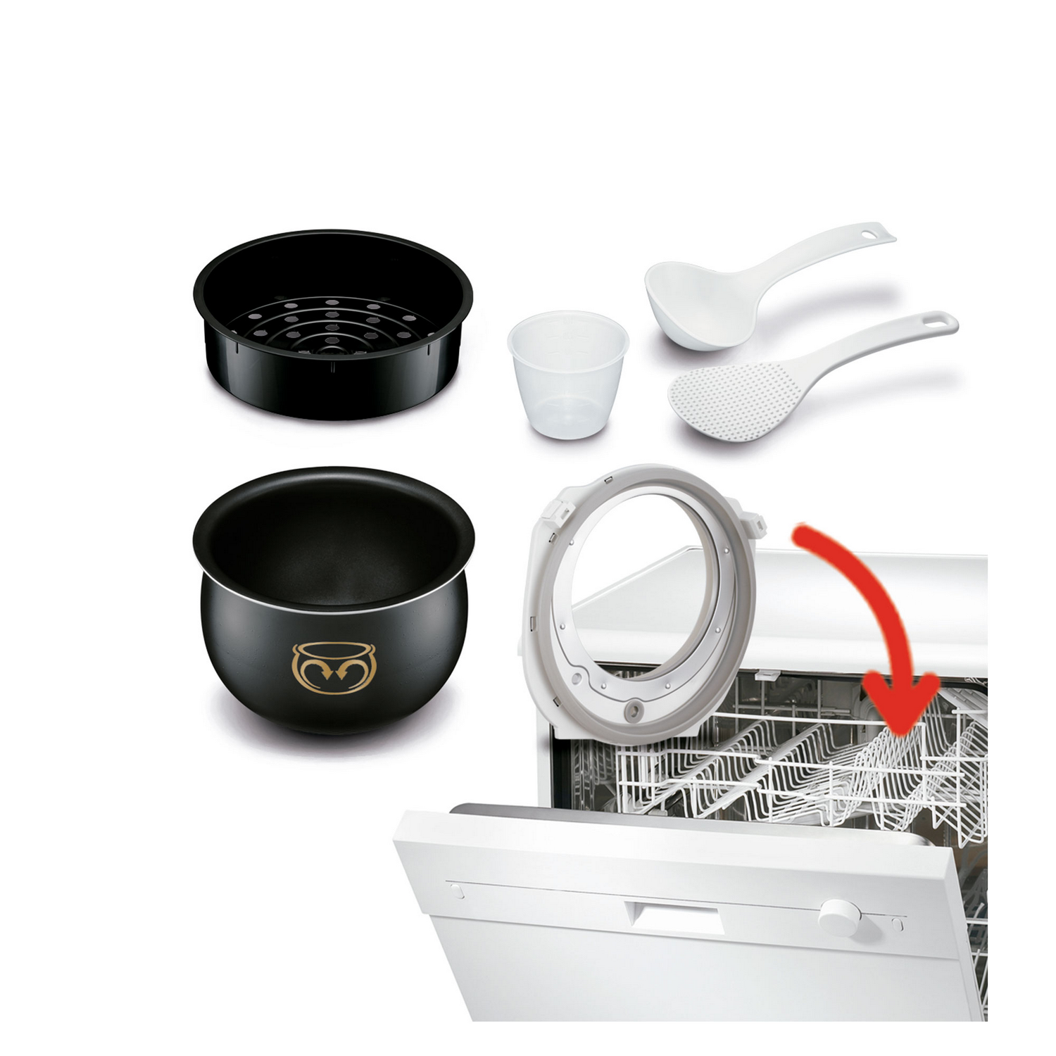 Componentes del lavavajillas: olla negra, taza medidora, cucharas, lavavajillas abierto con flecha y piezas.