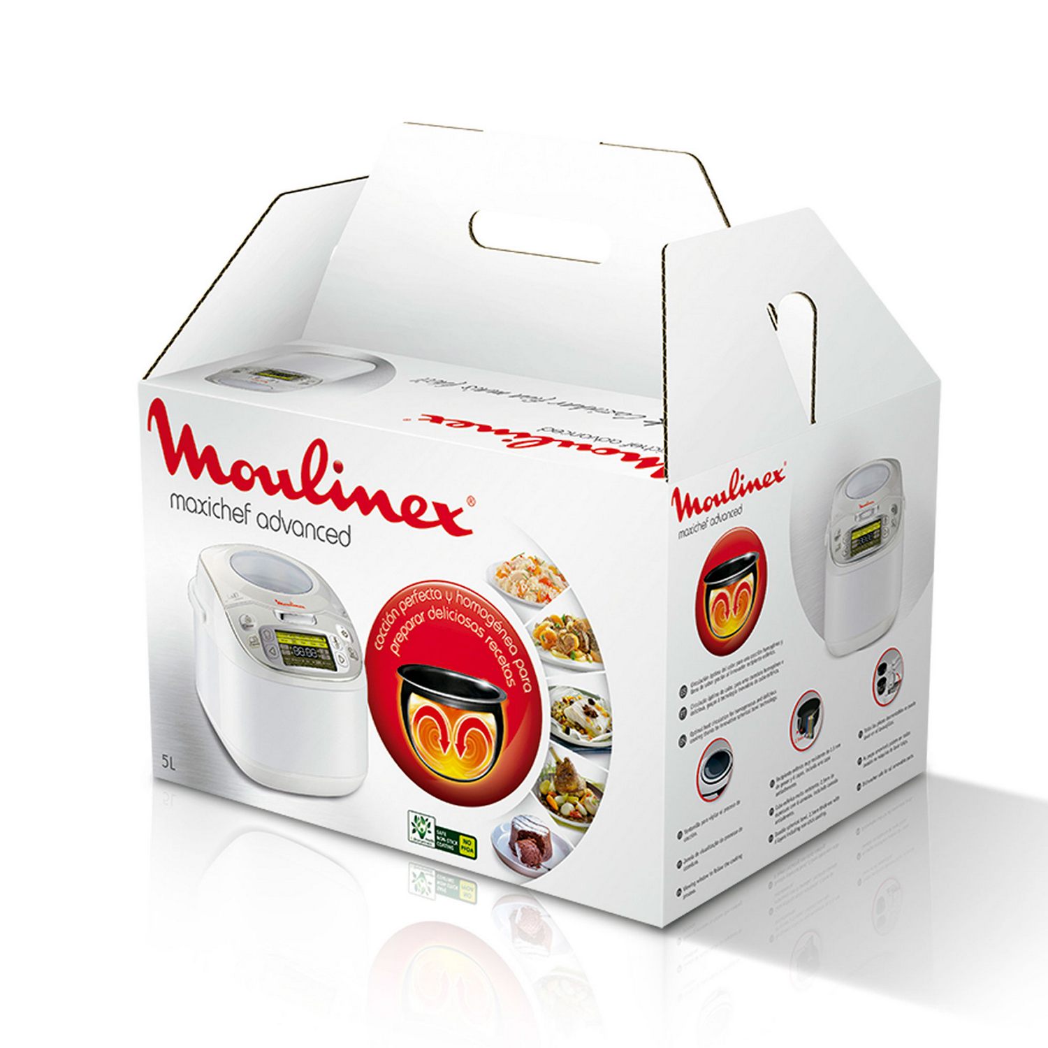 Embalaje de electrodomésticos Moulinex con imágenes de alimentos, productos y logotipos.