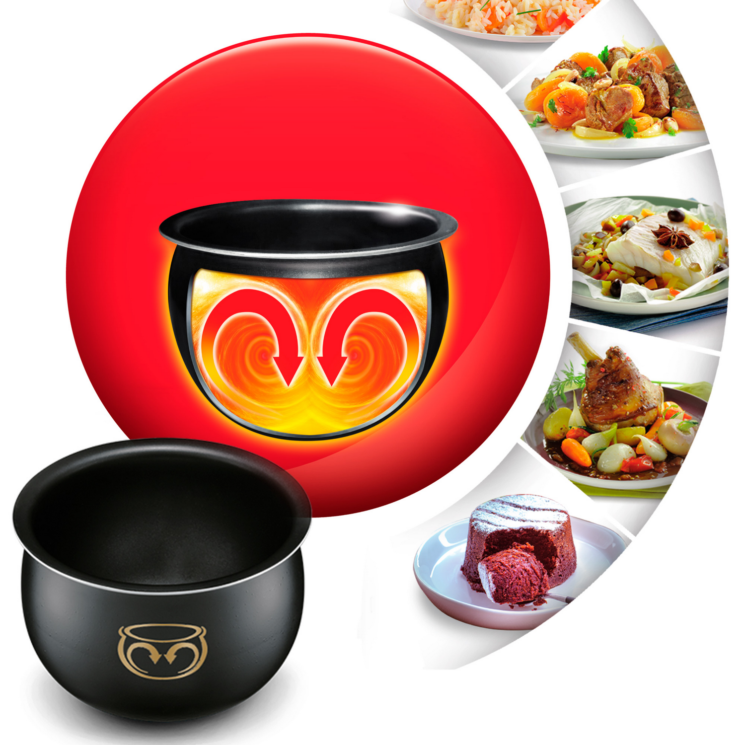 Olla negra con círculo rojo, ilustración de olla y fotos de comida.