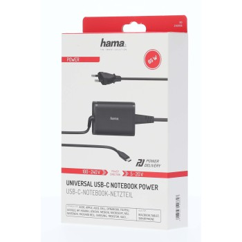 Kutulu siyah dizüstü bilgisayar şarj cihazı. Kutudaki metin 'POWER', '85W' ve 'UNIVERSAL USB-C NOTEBOOK POWER' içerir.