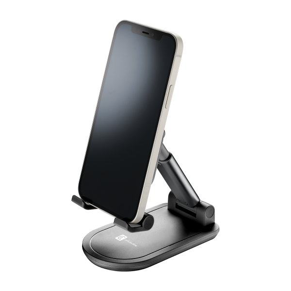Schwarzer Telefonständer, der ein Telefon hält. Das Telefon ist an.