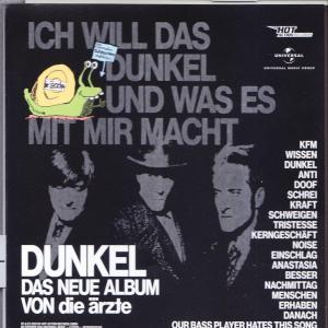 Albumcover für 'Dunkel' von die Ärzte, mit Bandmitgliedern und einer Schneckenkarikatur.