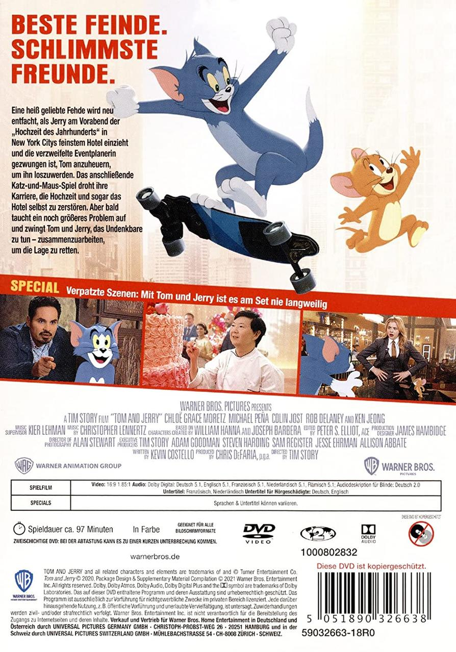 DVD-Cover des Films Tom und Jerry zeigt Tom und Jerry auf einem Skateboard. Andere Charaktere sind ebenfalls auf dem Cover.