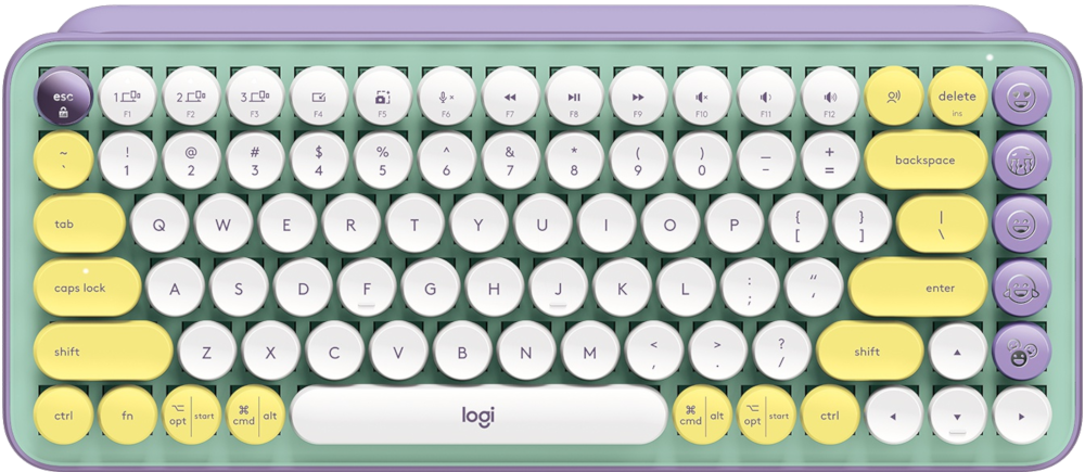 Clavier avec touches rondes, couleurs pastel. Cadre vert et touche Entrée jaune.