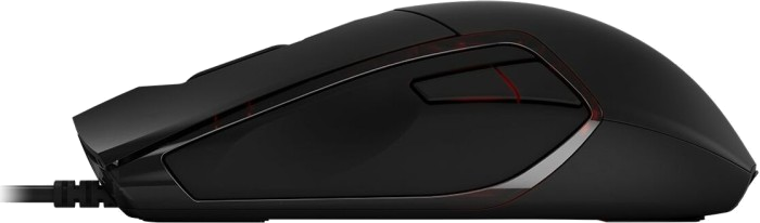 Eine schwarze Gaming-Maus mit elegantem Design. Sie hat ein Kabel. Rote Akzente sind an der Seite und in der Nähe der Tasten zu sehen.