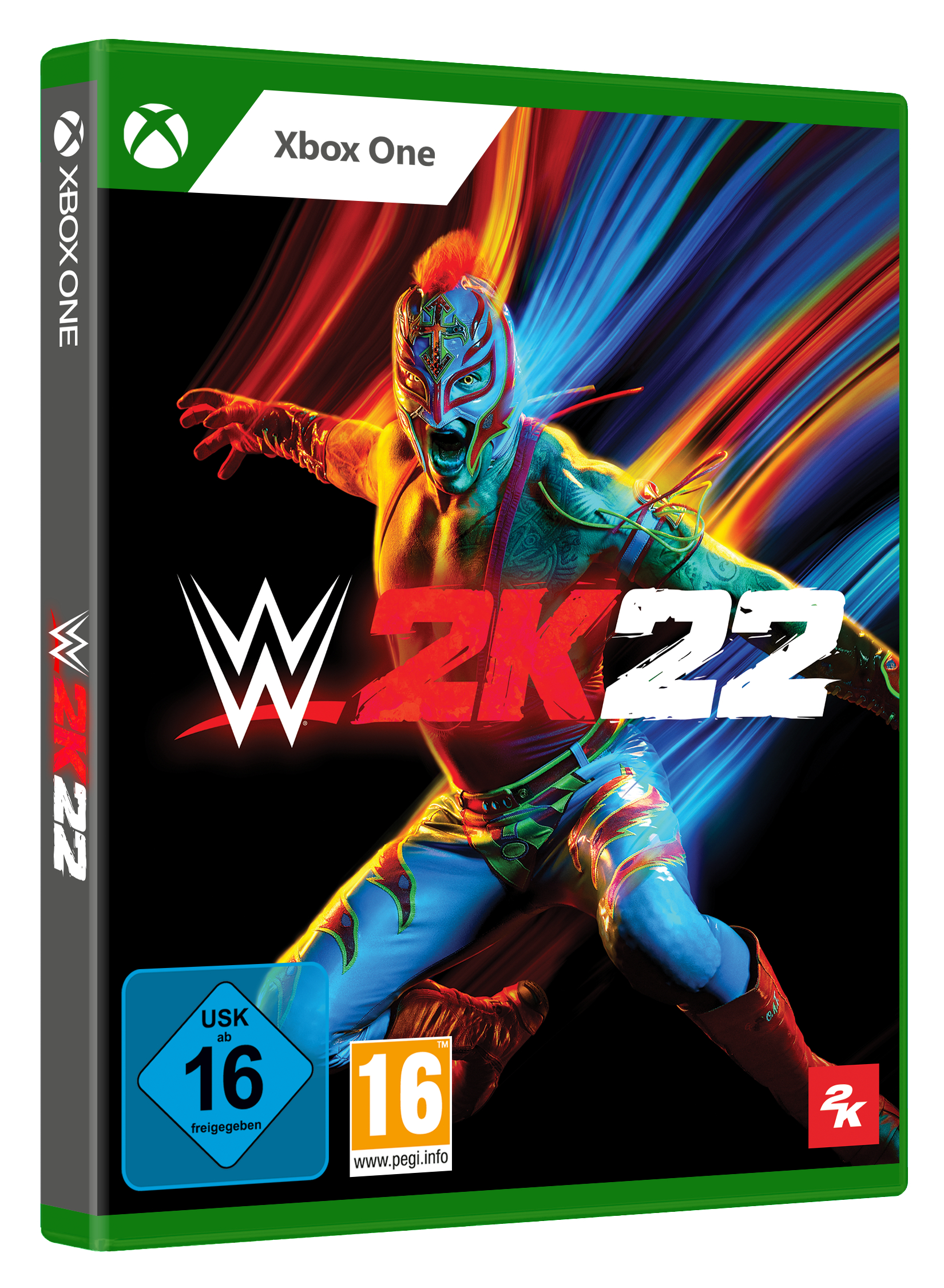 WWE 2K22 Spielbox mit Wrestler. Grünes Gehäuse, USK- und Xbox One-Logo.