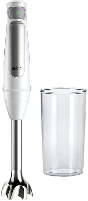 Mixeur plongeant Braun blanc avec un bécher en plastique transparent. Isolé sur fond blanc.