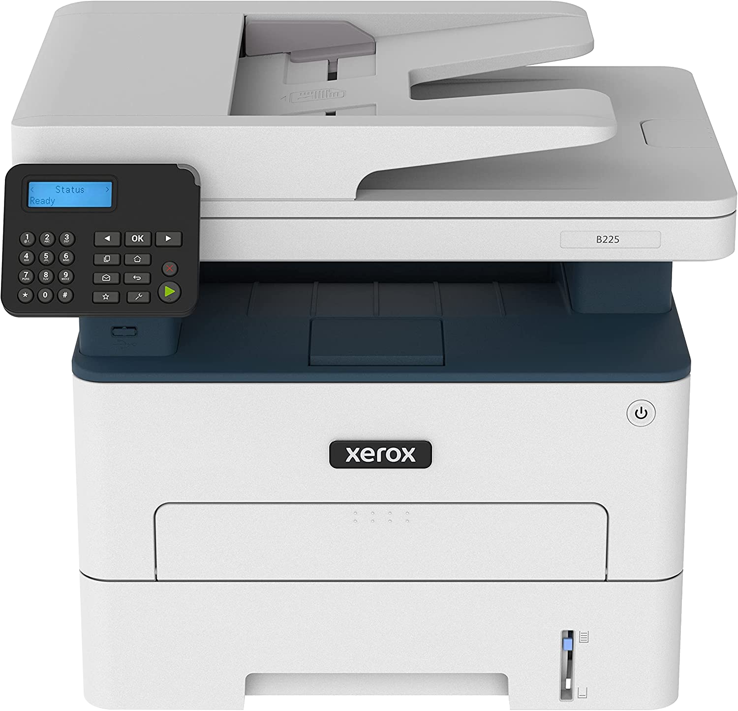 Xerox nyomtató vezérlőpanellel és 'Kész' státusszal fehér háttéren.