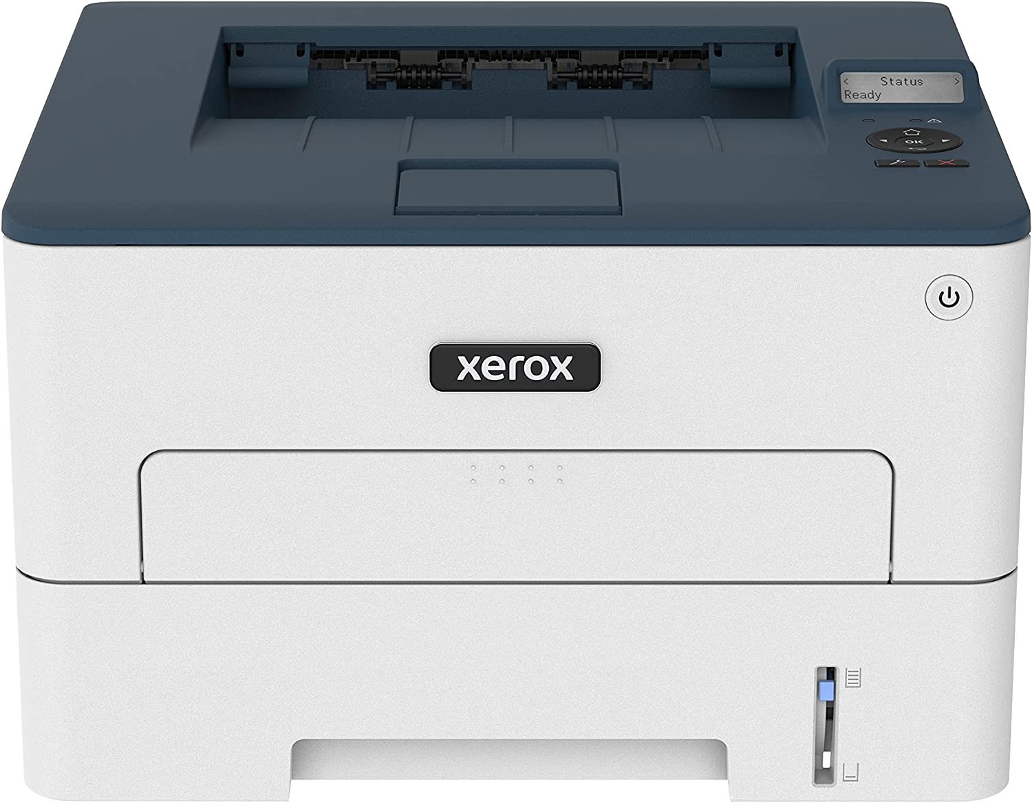 Egy fehér Xerox nyomtató kék tetővel. A Xerox logója középen van.