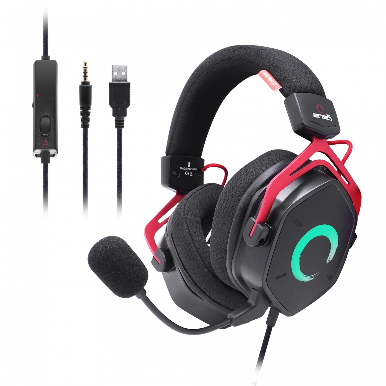 Auriculares gaming - FR-TEC Enso, De diadema, Con cable, Jack 3.5 mm, Función Plug & Play, LED, Negro y Rojo