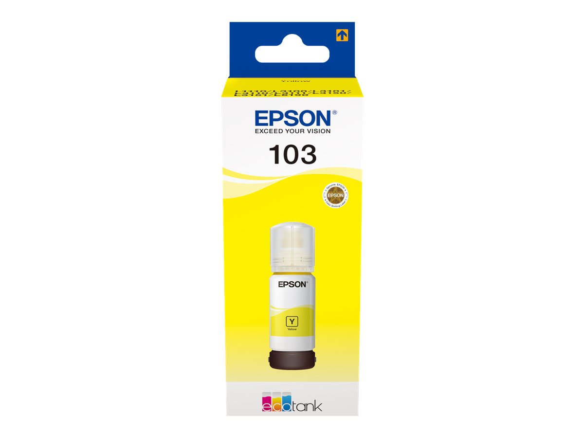 Epson Tintenpatronenbox, gelb mit einer Flasche und Epson-Logo.