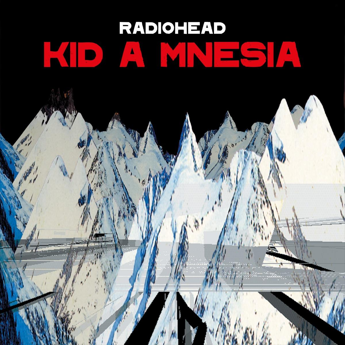 Radiohead Kid A Mnesia Albumcover mit schneebedeckten Bergen und schwarzem Hintergrund.