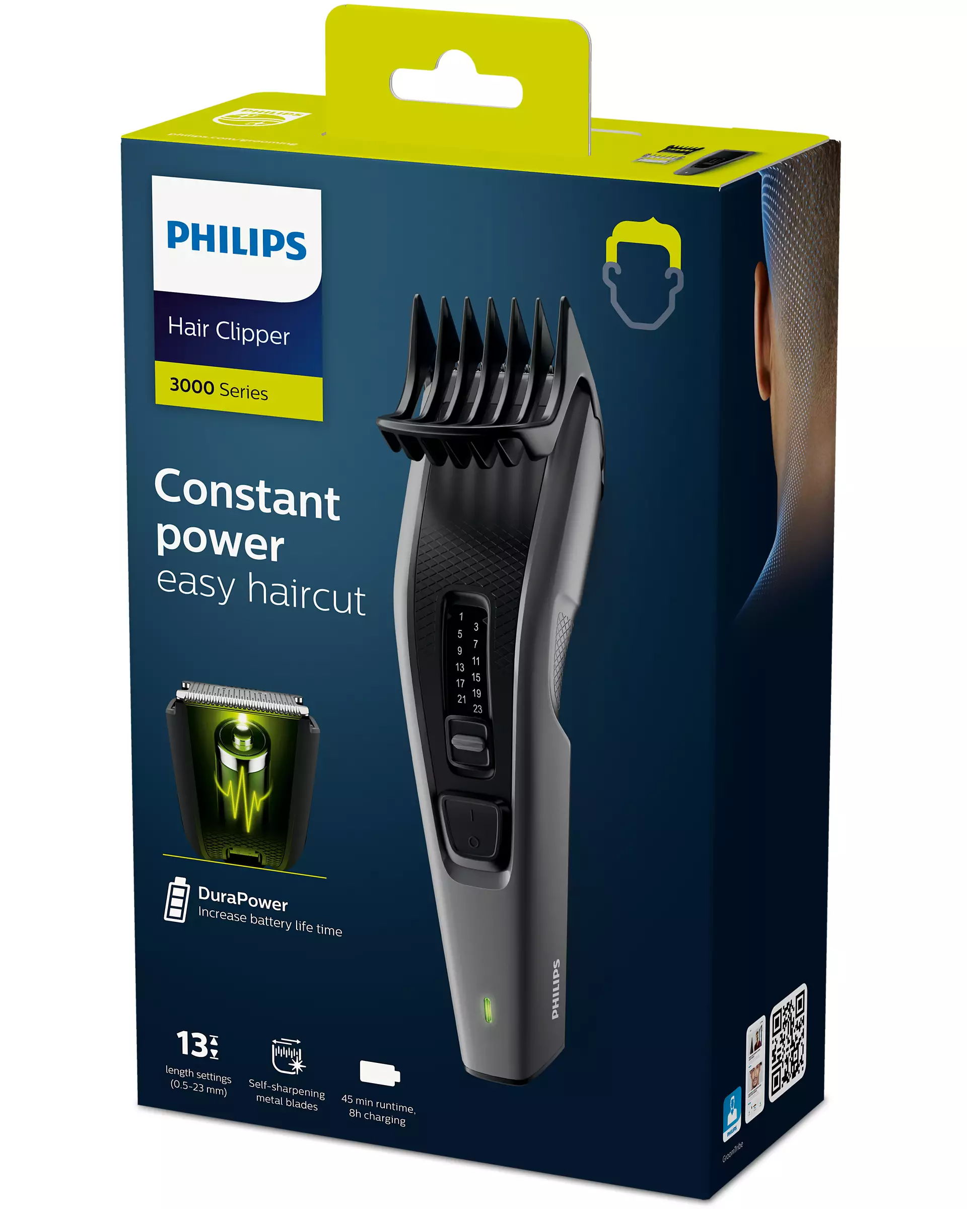 Philips hajvágó doboz, a gépet, a beállításokat és a termék részleteit mutatva.