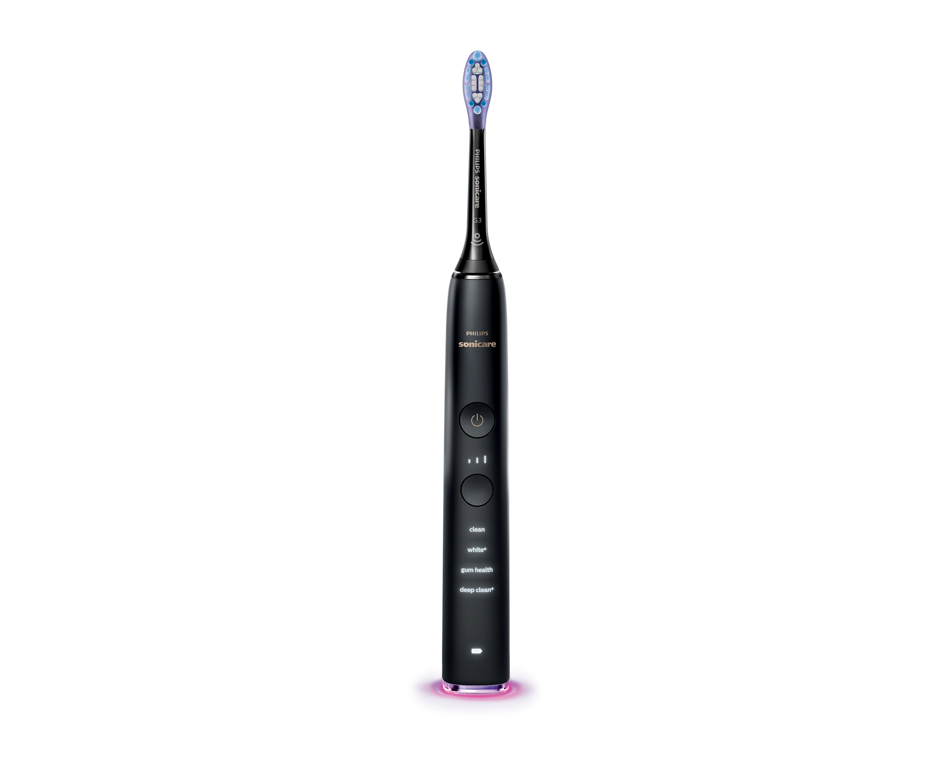 Fekete Philips Sonicare fogkefe. Megjeleníti a bekapcsológombot, tisztítási módokat és a töltőállomást.