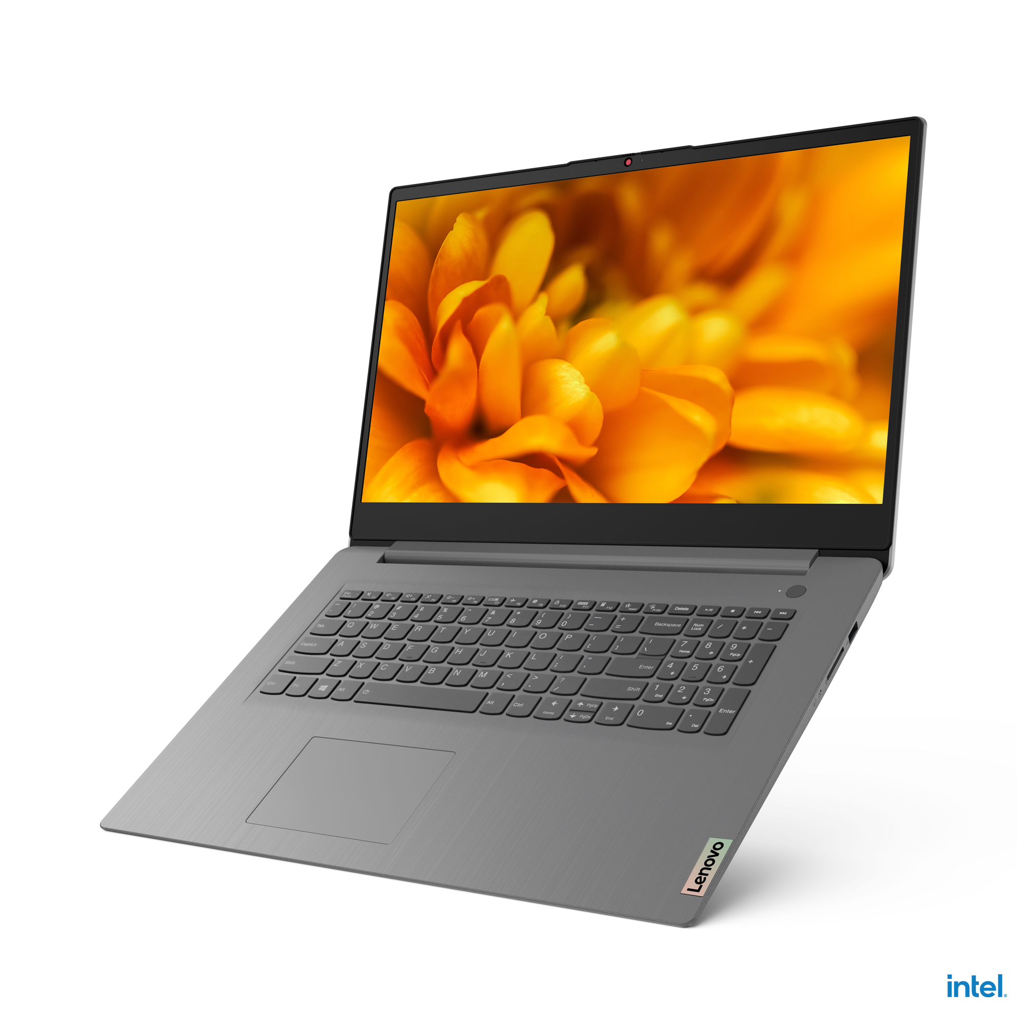 Laptop met open scherm, met een bloemenafbeelding. Grijze behuizing, zwarte achtergrond.