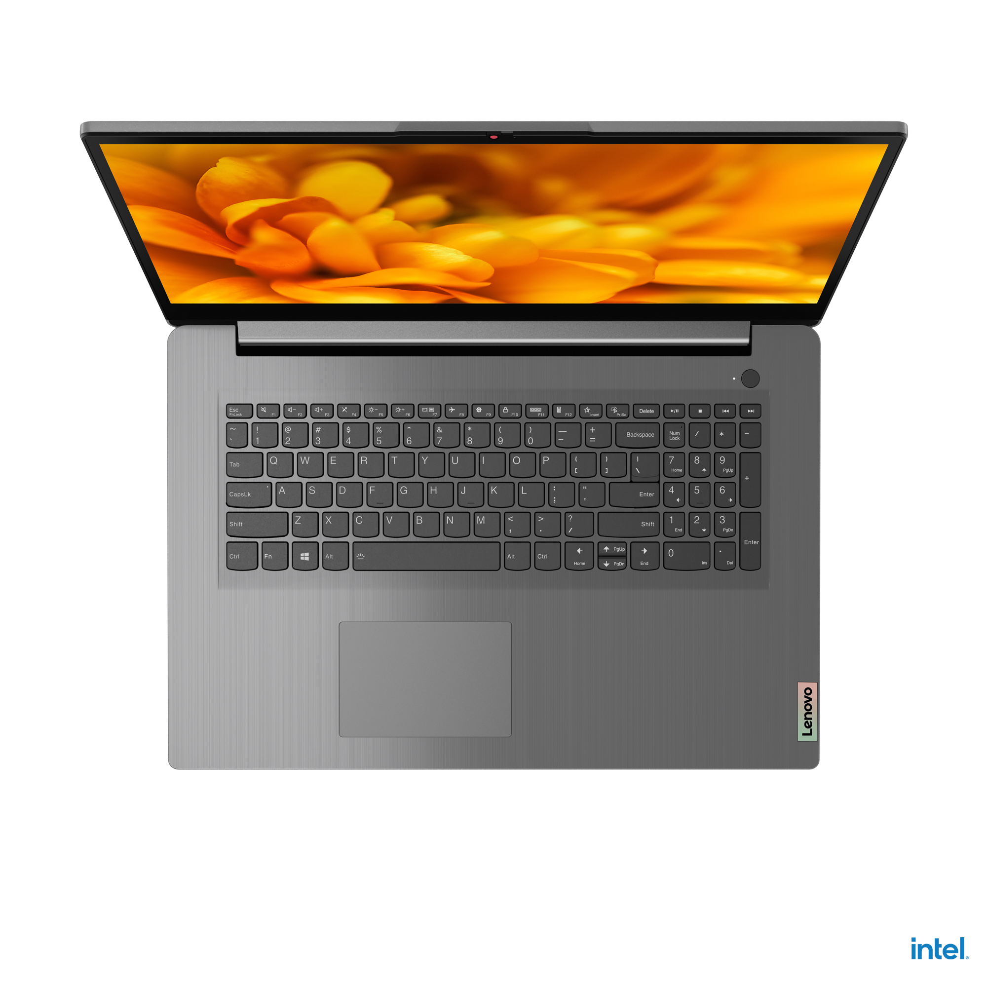 Grijze Lenovo-laptop, open, bovenaanzicht. Scherm toont een oranje en gele bloem. Zwarte achtergrond.