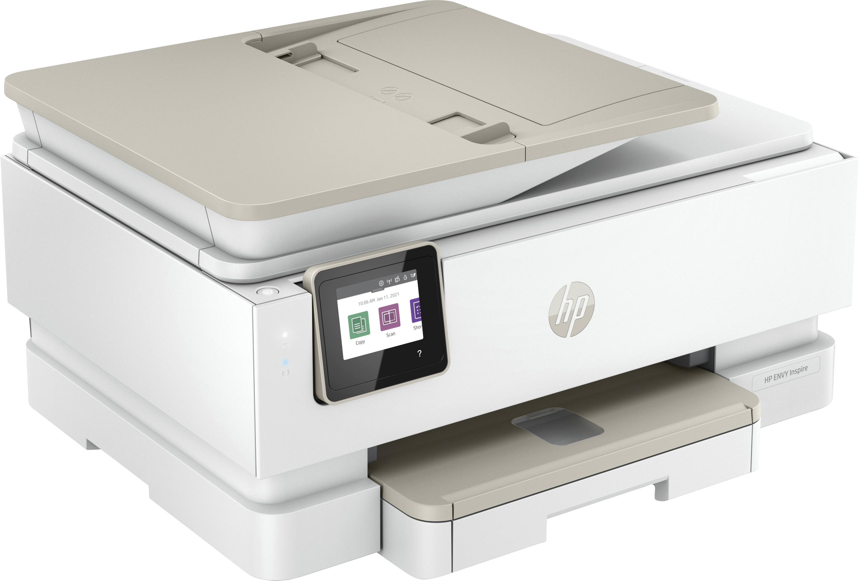 Stampante HP Envy Inspire bianca e beige. Schermo visibile. Vassoio carta beige aperto.