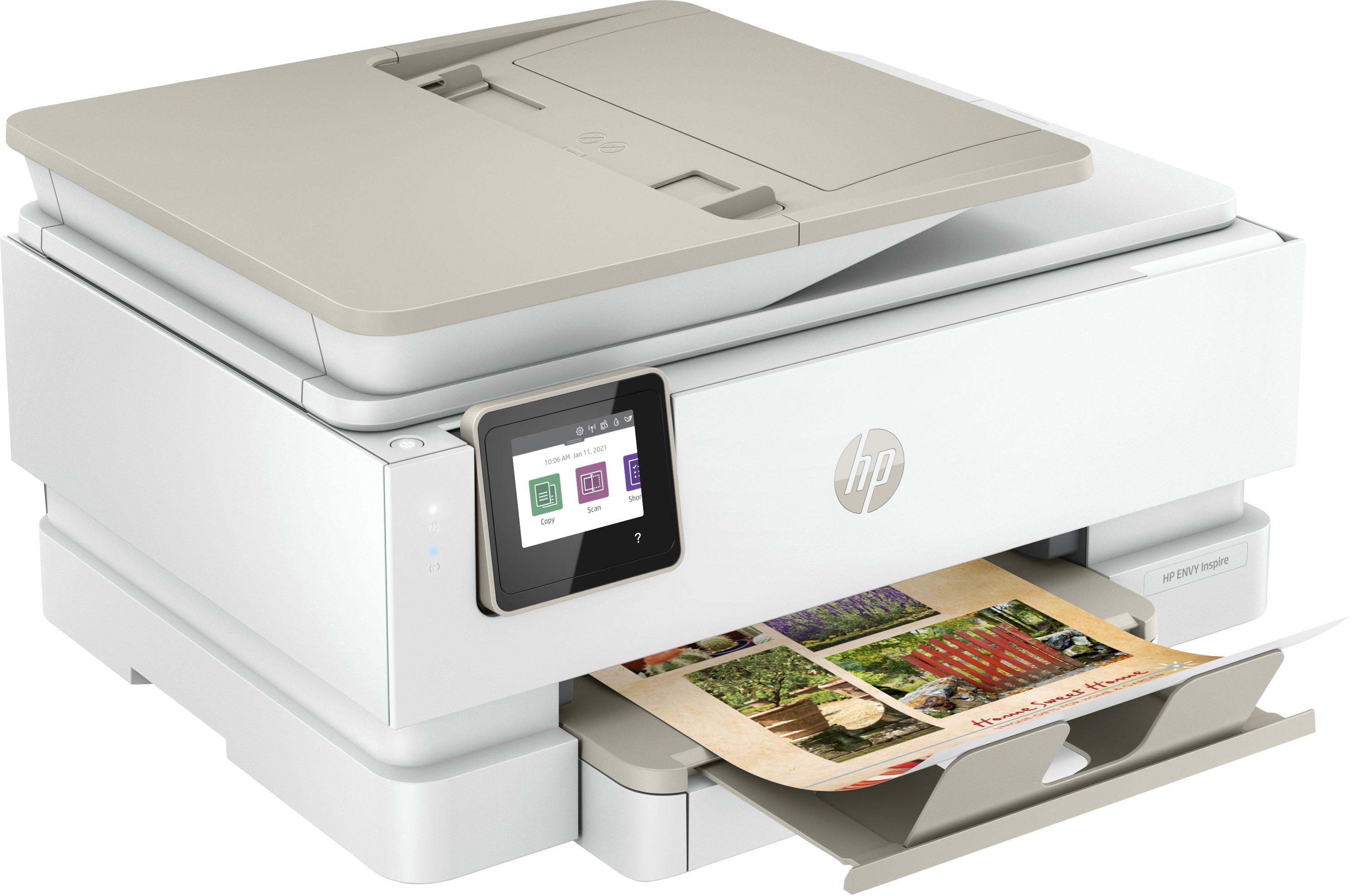 Una stampante HP bianca con touchscreen, esce un documento stampato.