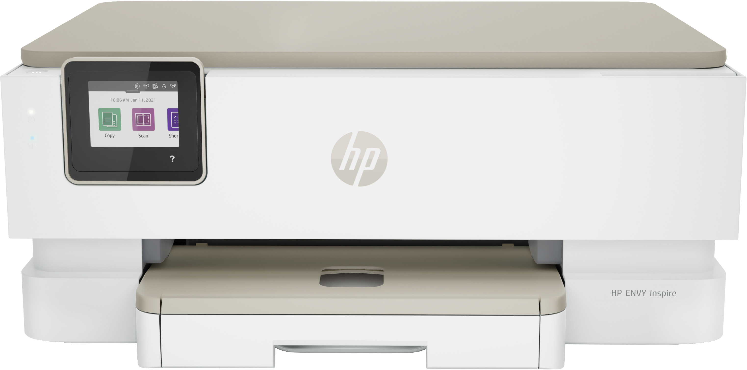 Imprimante HP blanche avec écran tactile, affichant une heure et plusieurs icônes.