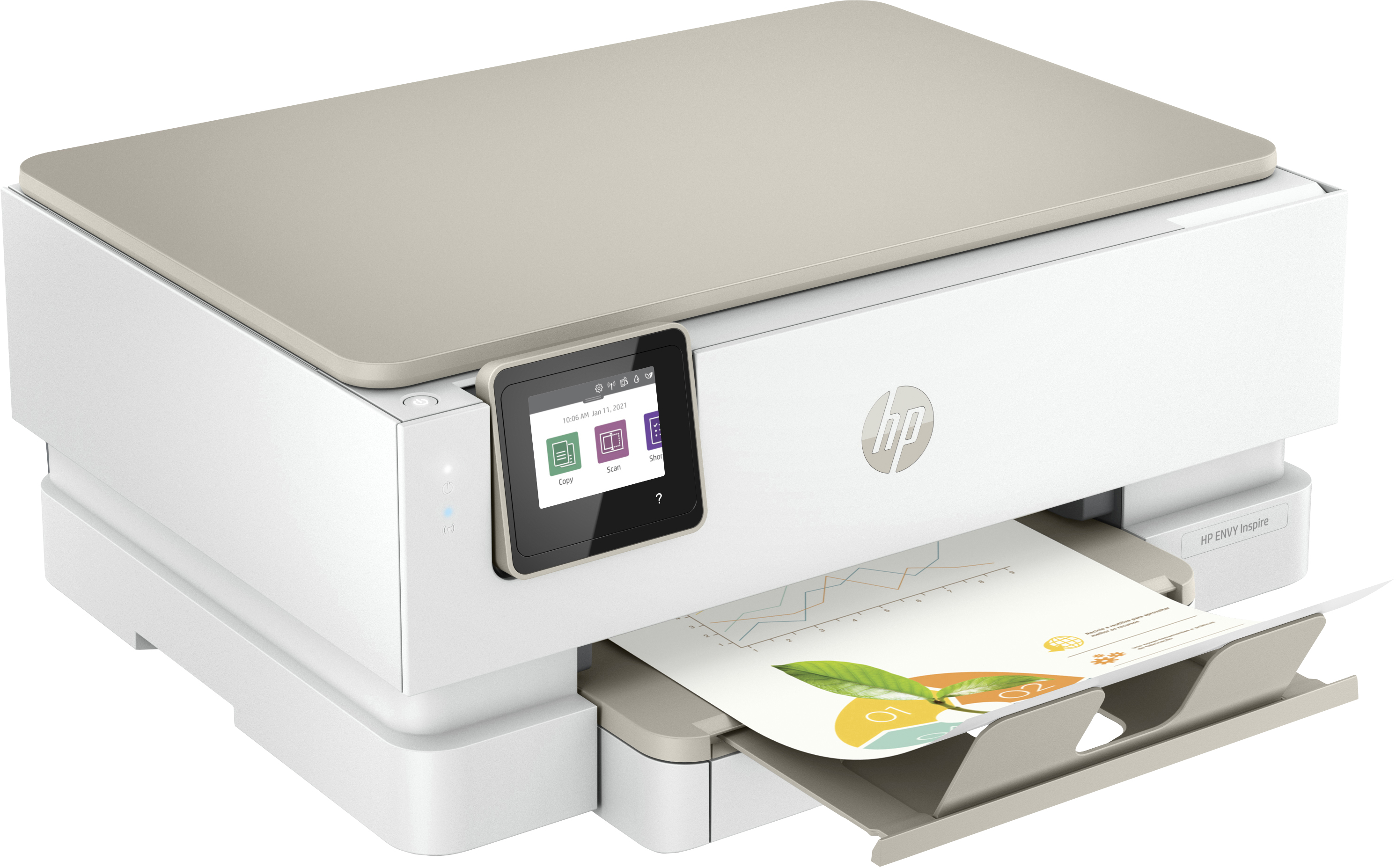 Une imprimante HP imprimant un document. Affiche l'écran et la sortie papier.