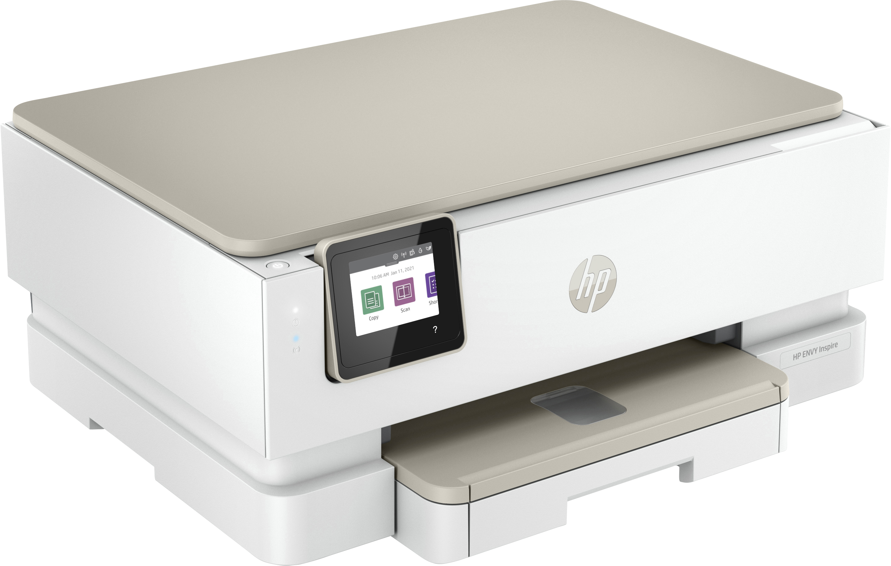Imprimante HP Envy Inspire blanche et beige avec écran tactile et bac avant.