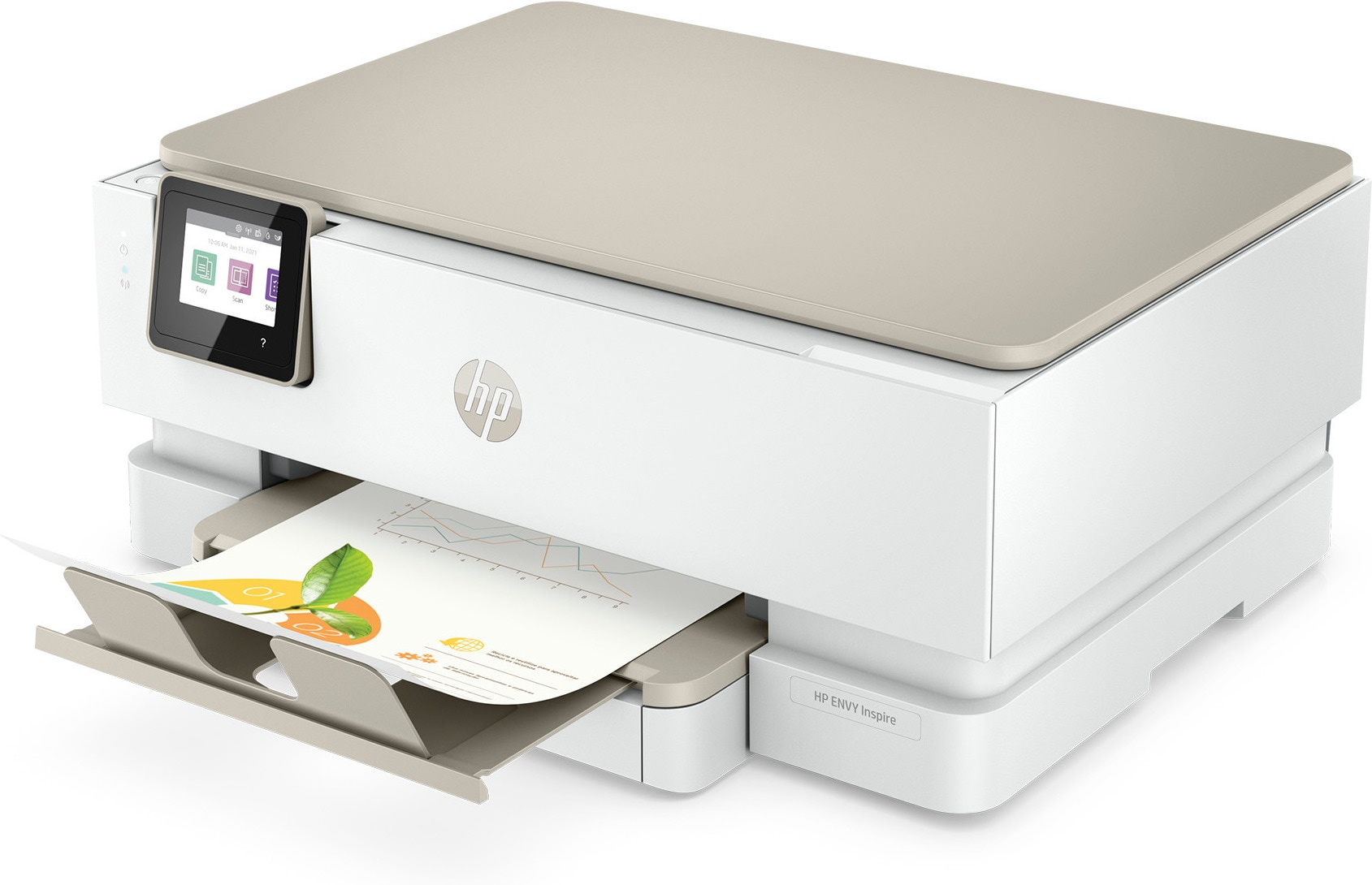 Imprimante HP Envy Inspire. Blanche et beige avec document imprimé. Écran noir affiché.