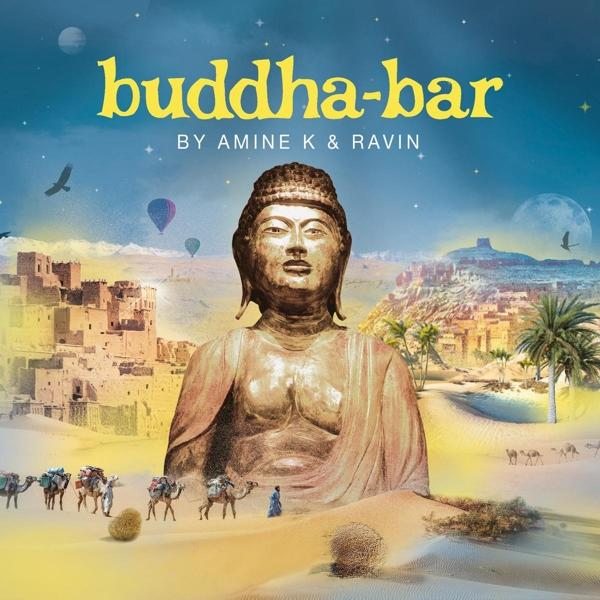 Pochette de l'album Buddha-Bar, statue de Bouddha dans un paysage désertique avec des chameaux et une ville.