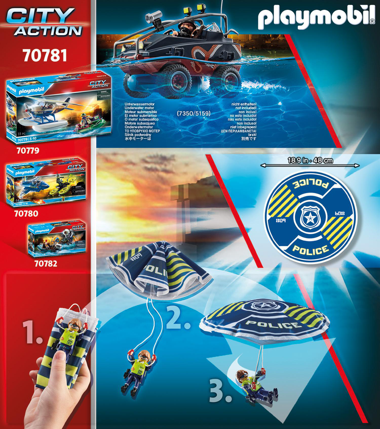 PLAYMOBIL 70781 Polizei-Fallschirm: Verfolgung des Amphibien-Fahrzeugs Spielset, Mehrfarbig