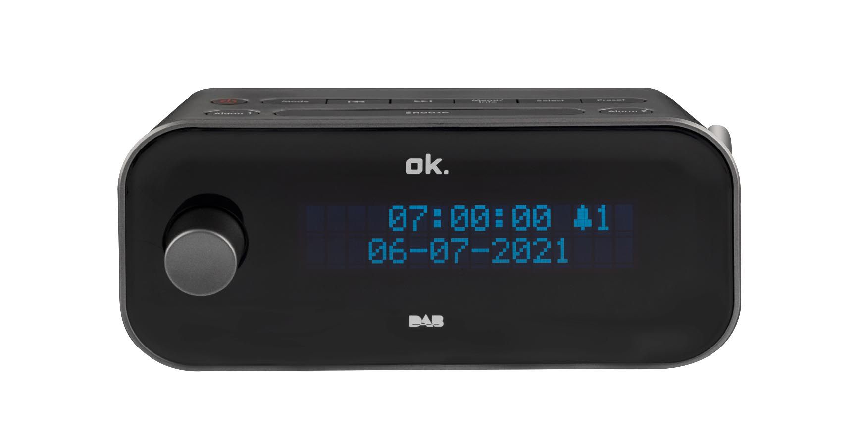 Ok Digital-Radiowecker, schwarz mit blauem Display, das Uhrzeit und Datum anzeigt.