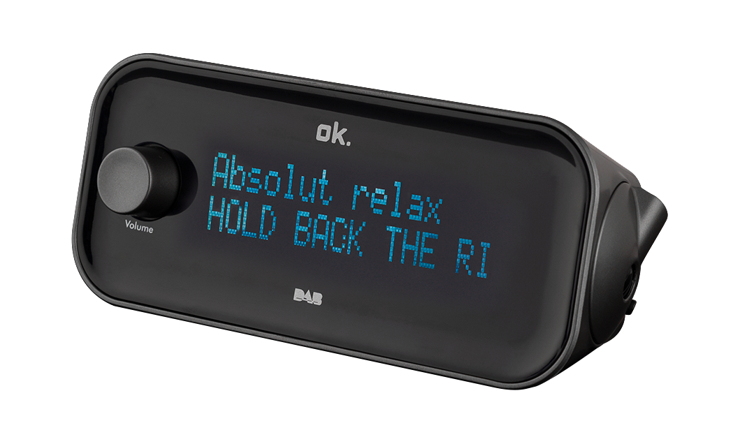 Schwarzes Digitalradio mit Display, Text und Lautstärkeregler.