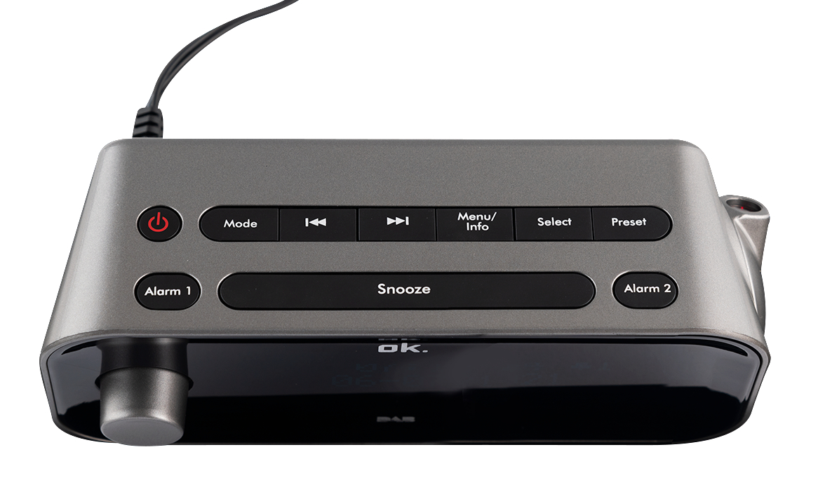 Graues ok. DAB-Radio mit Tasten für Strom, Modus, Menü, Schlummerfunktion, Alarme und Voreinstellungen.