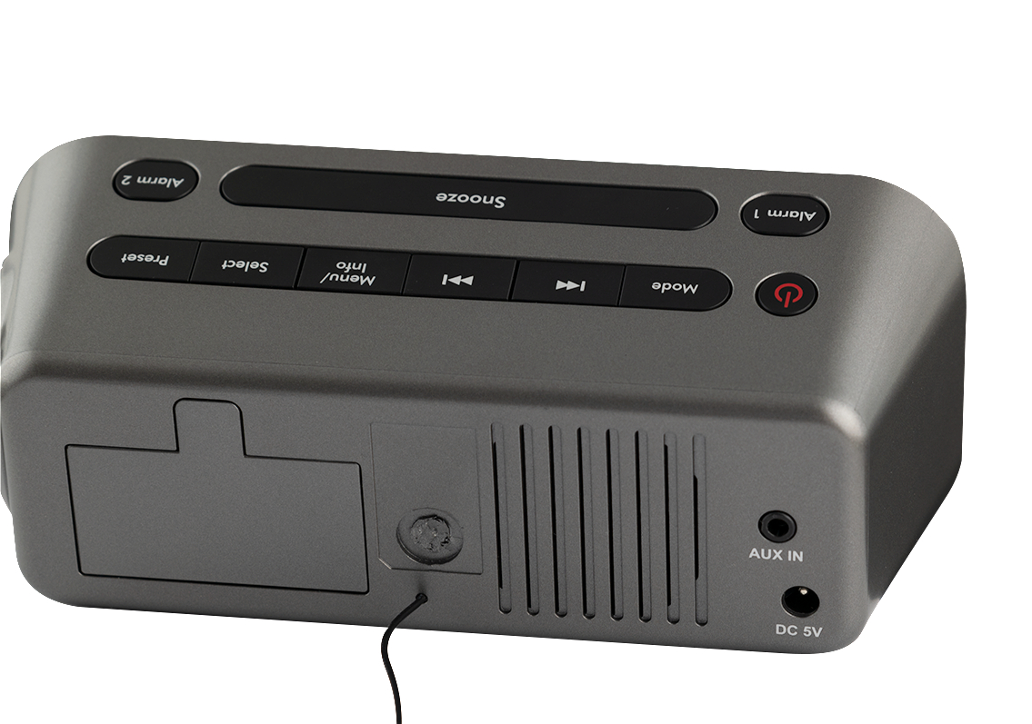 Grauer digitaler Wecker. Mit Tasten für Alarm, Schlummerfunktion, Voreinstellung, Modus und Strom.