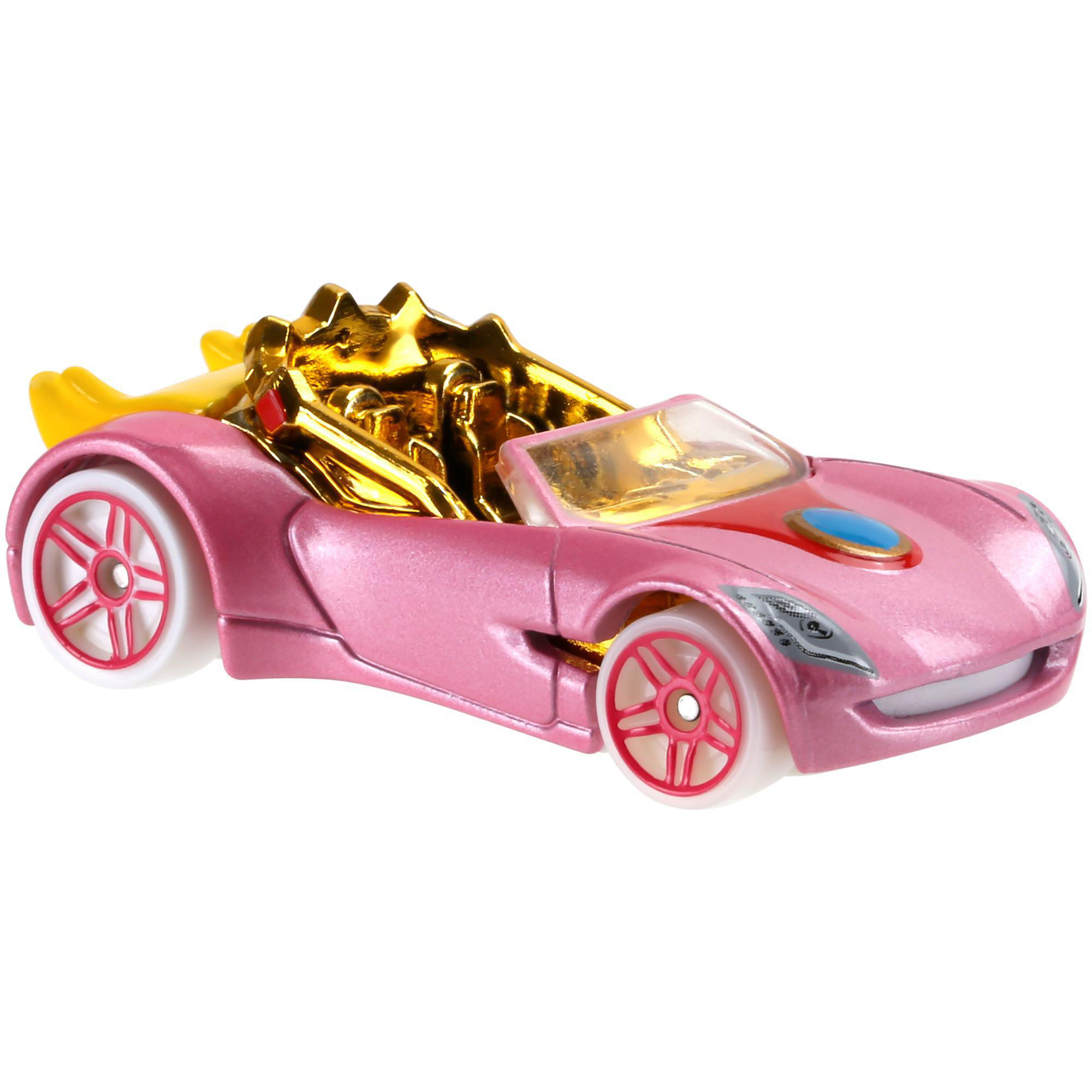 Rosa Spielzeugauto mit goldenen Akzenten. Verfügt über weiße Räder mit roten Speichen. Hat einen blauen Kreis auf der Motorhaube.