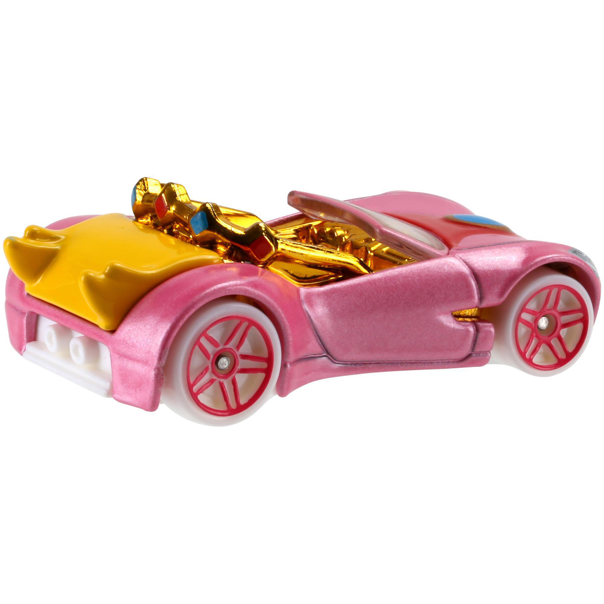 Rosa Spielzeugauto mit goldenen Motordetails, gelber Motorhaube und rot umrandeten Rädern.