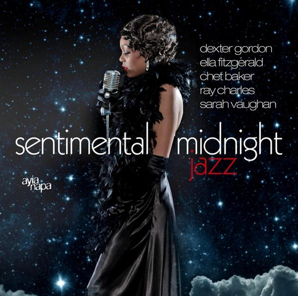 Sentimental Midnight Jazz-Albumcover, eine Frau in schwarzem Kleid mit Mikrofon und Sternenhintergrund.