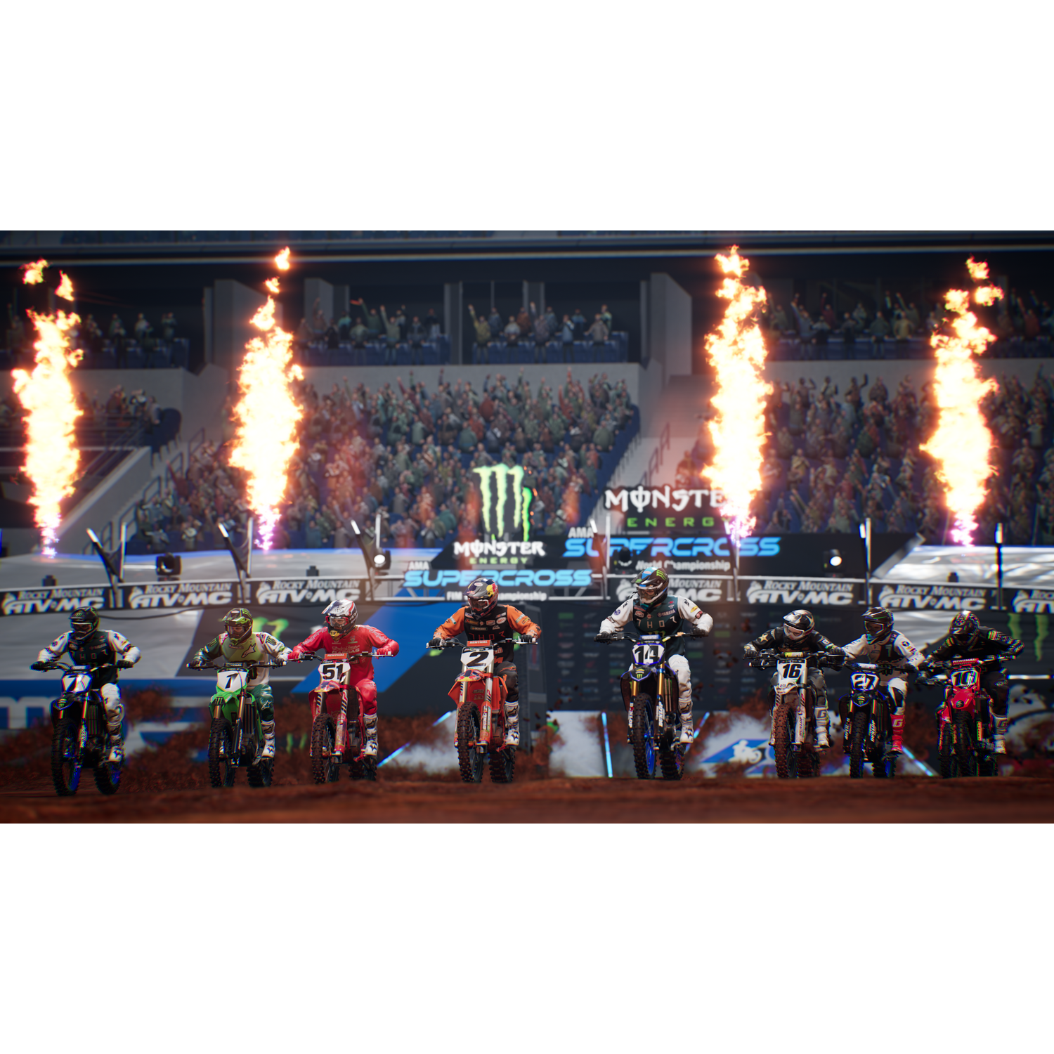 Pilotos de motocross en motos, corriendo en una pista de tierra, con efectos de fuego y público.