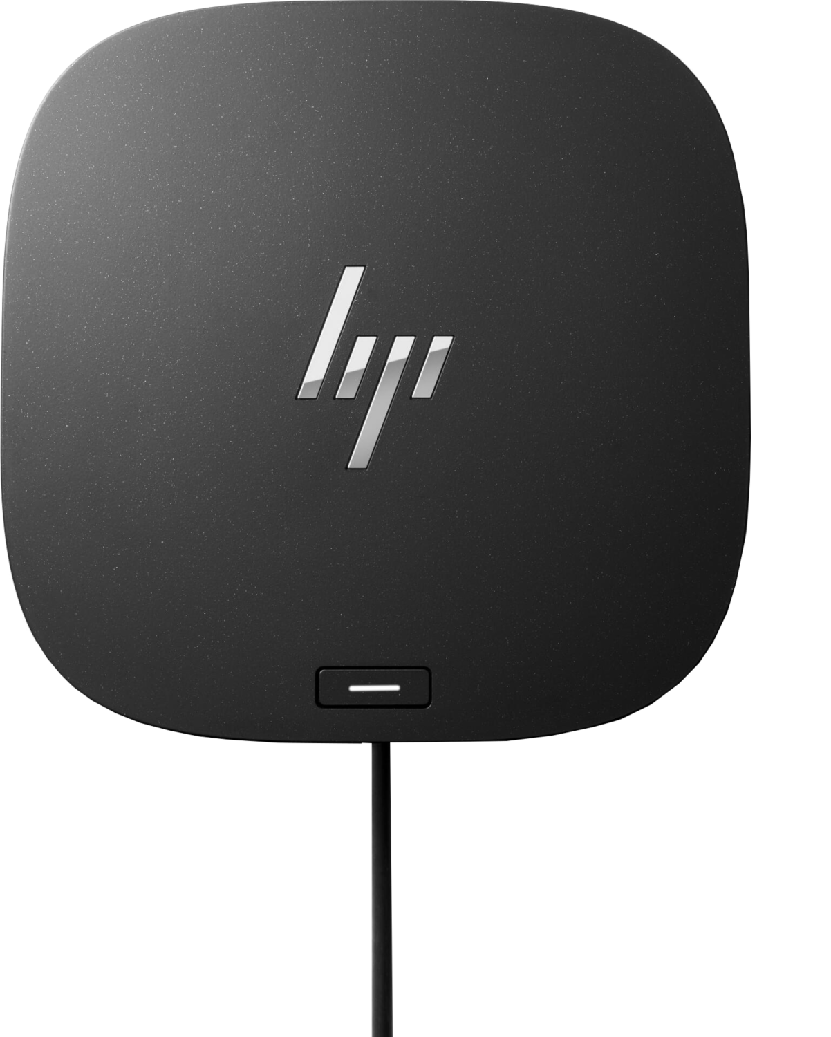 Appareil HP noir arrondi avec logo argenté et bouton marche/arrêt. Câble noir sur fond blanc.