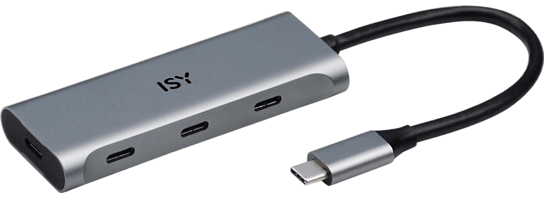 Grijze ISY USB-C hub met USB- en USB-C-poorten, zwarte kabel.