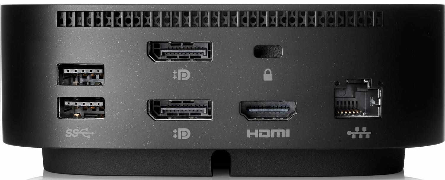 Arrière de l'appareil noir avec ports. Comprend DisplayPort, HDMI, USB et Ethernet. Symbole de cadenas et fentes d'aération visibles.