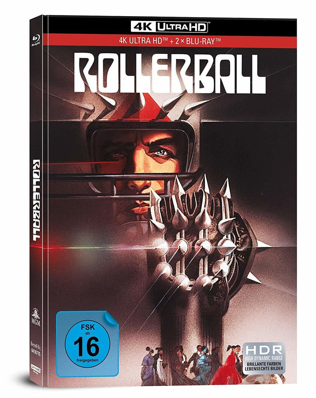 Rollerball Blu-ray-Hülle. Cover zeigt einen Mann im Helm. Rotes und schwarzes Farbschema. Filmtitel.