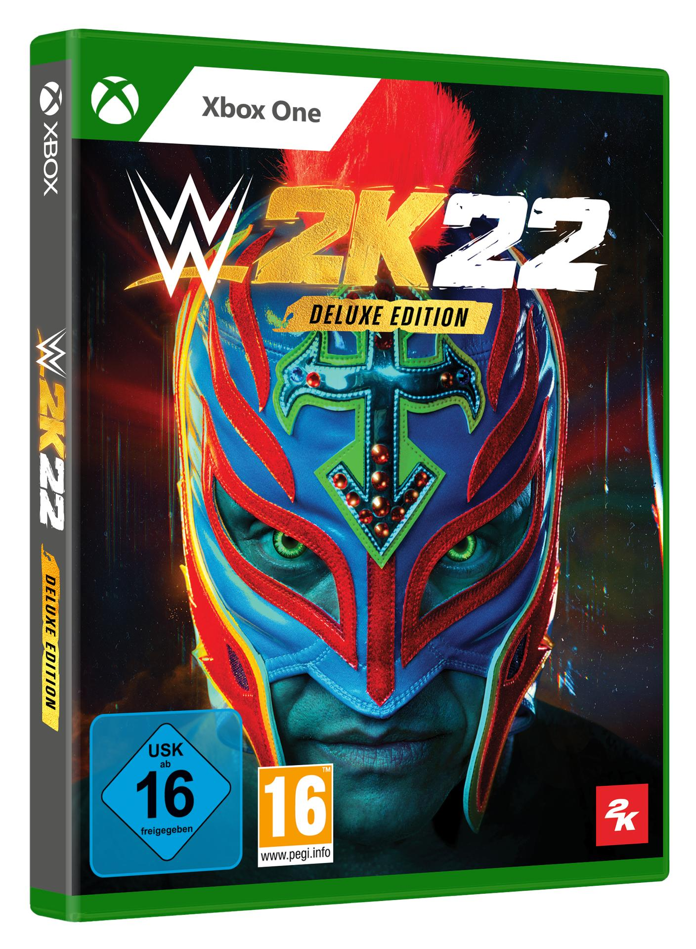 WWE 2K22 Deluxe Edition Spielbox. Das Cover zeigt einen maskierten Wrestler.