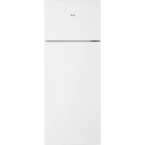 Réfrigérateur AEG blanc avec congélateur en haut, sur fond noir.