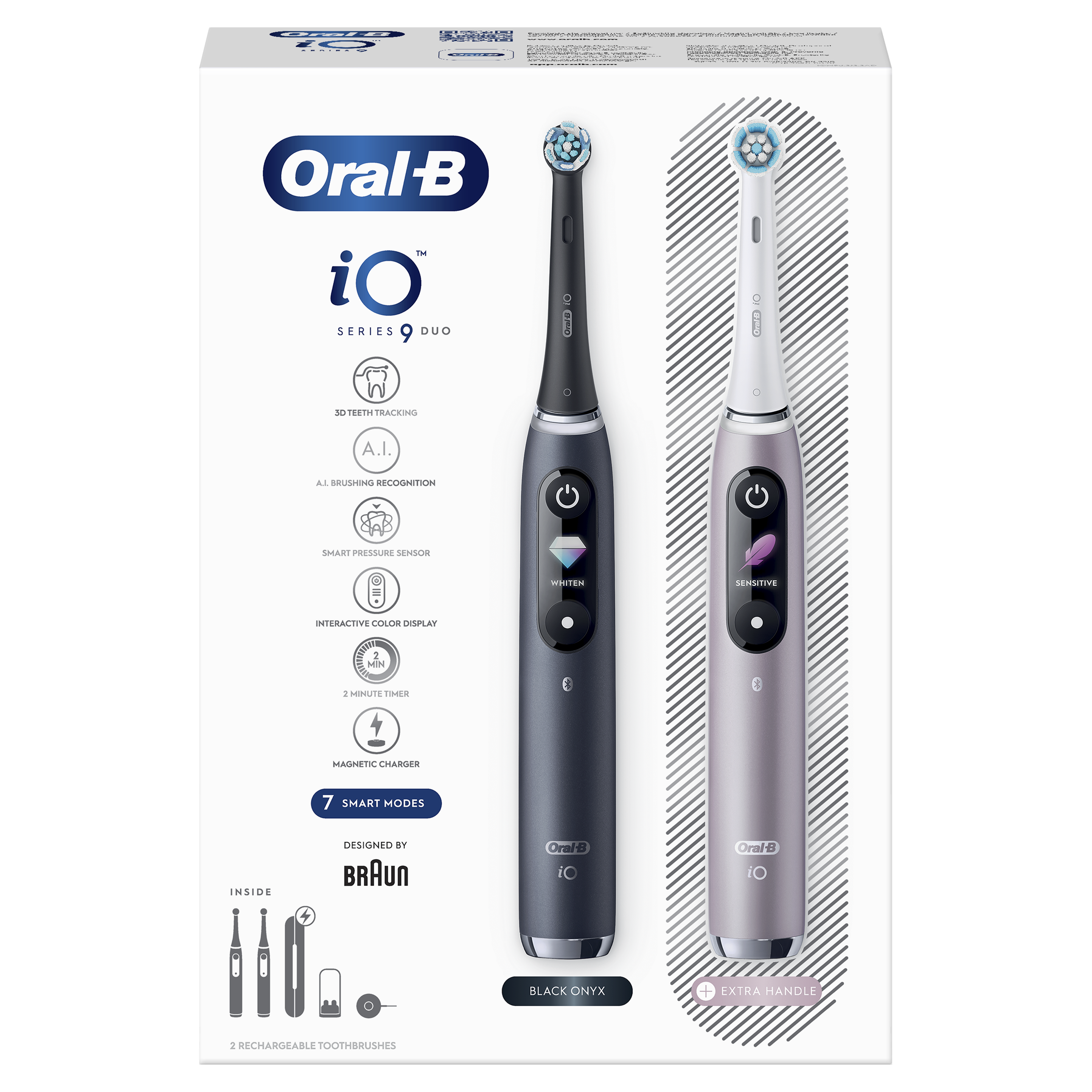 Egy doboz két Oral-B iO Series 9 elektromos fogkefével. Az egyik fekete, a másik rózsaszín.