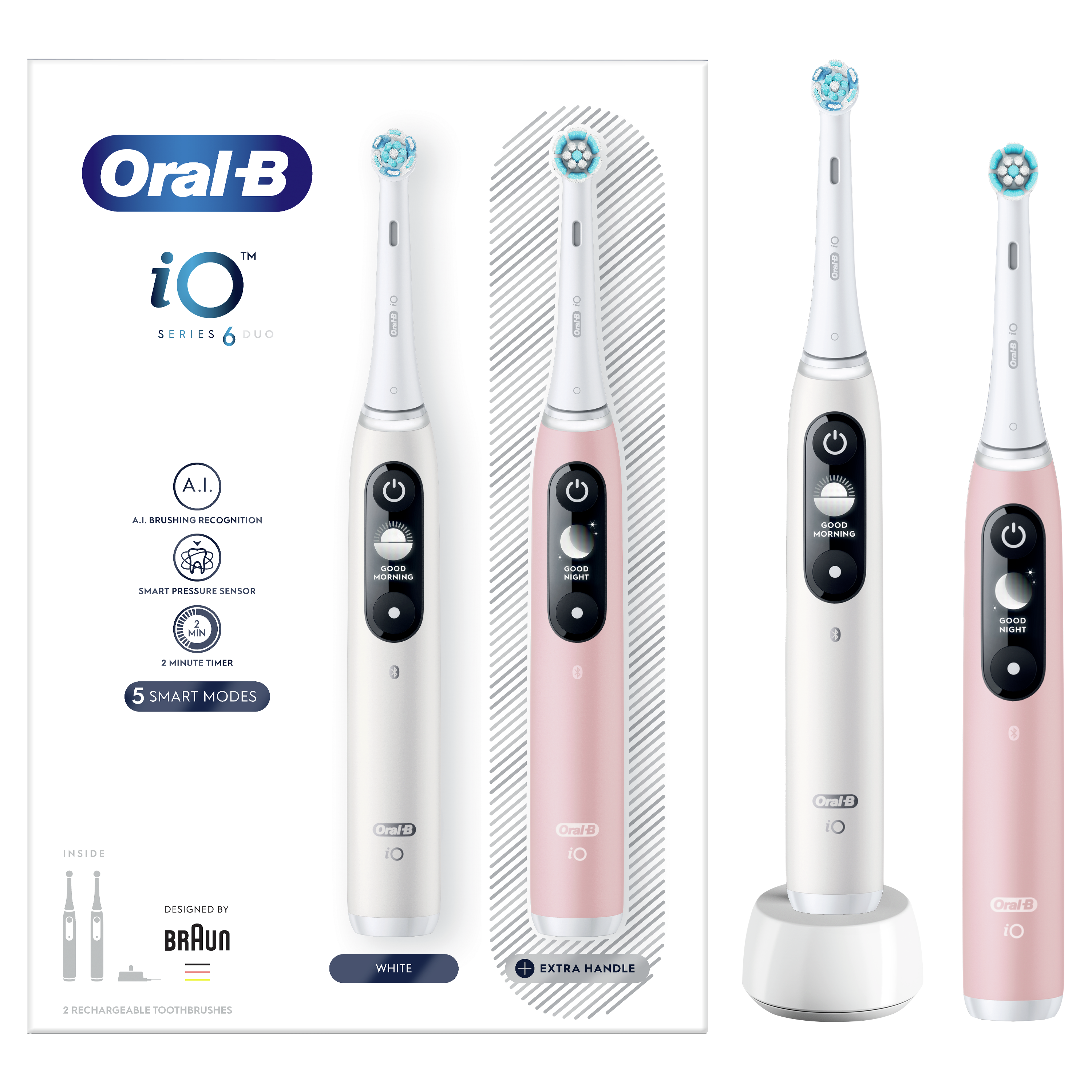 Több Oral-B iO Series 6 elektromos fogkefe fehér és rózsaszínben, töltőállomással.