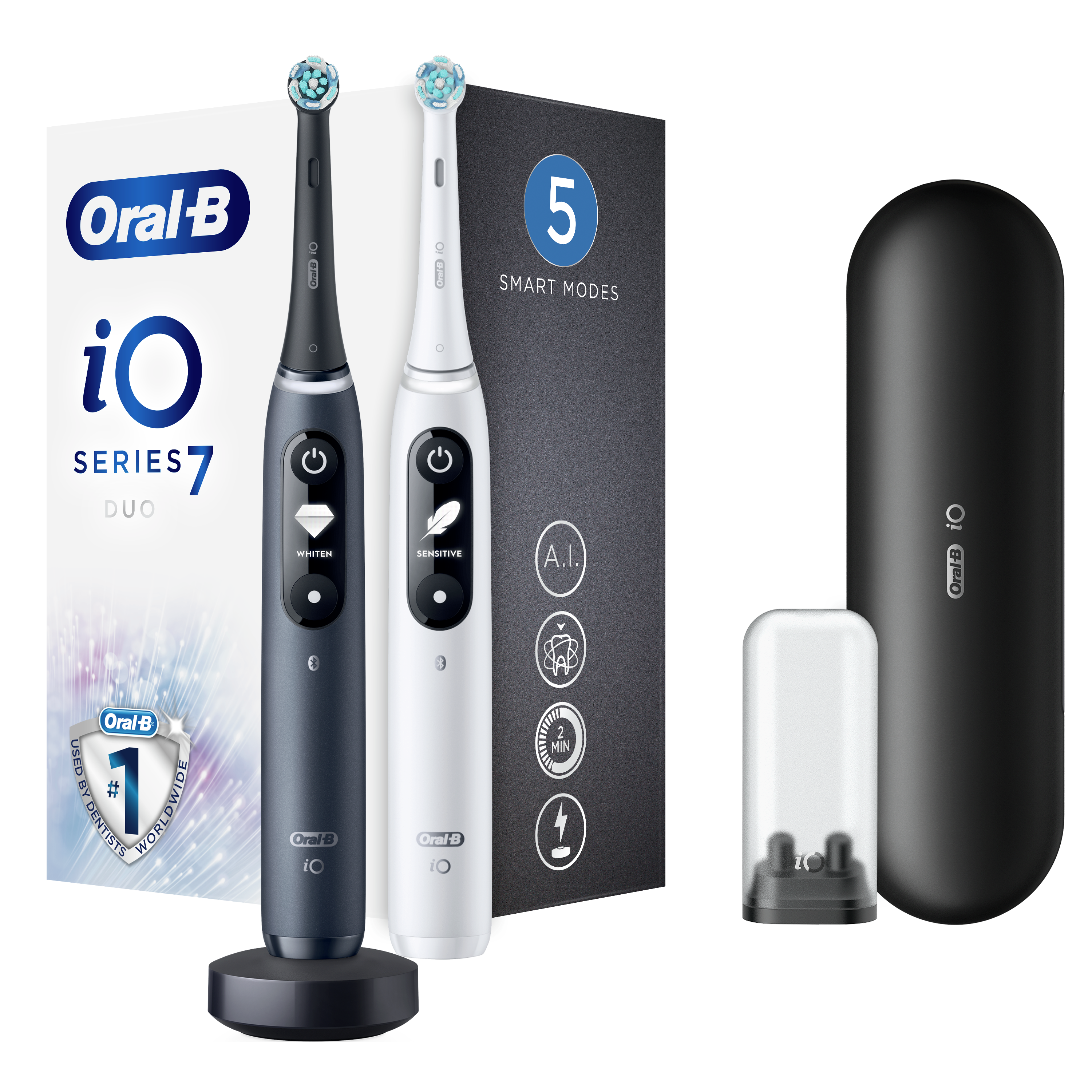 Két Oral-B iO Series 7 elektromos fogkefe, egy fekete és egy fehér, töltővel.