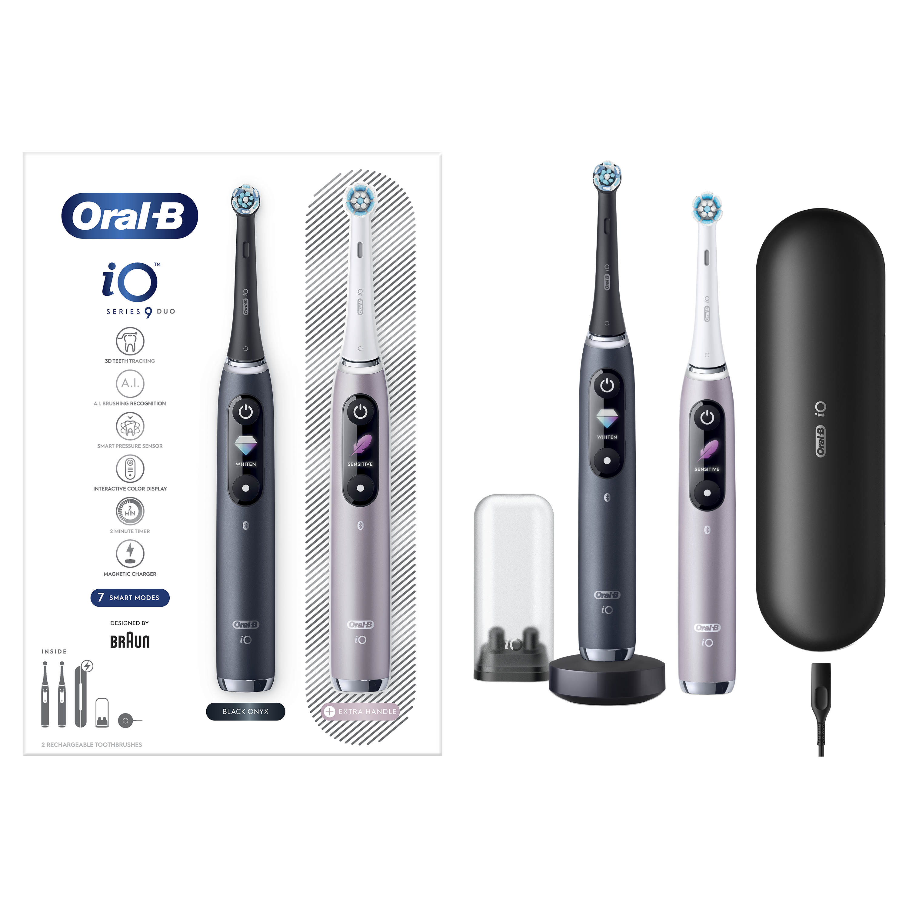 Két Oral-B iO Series 9 elektromos fogkefe, egy fekete, egy levendula színű.
