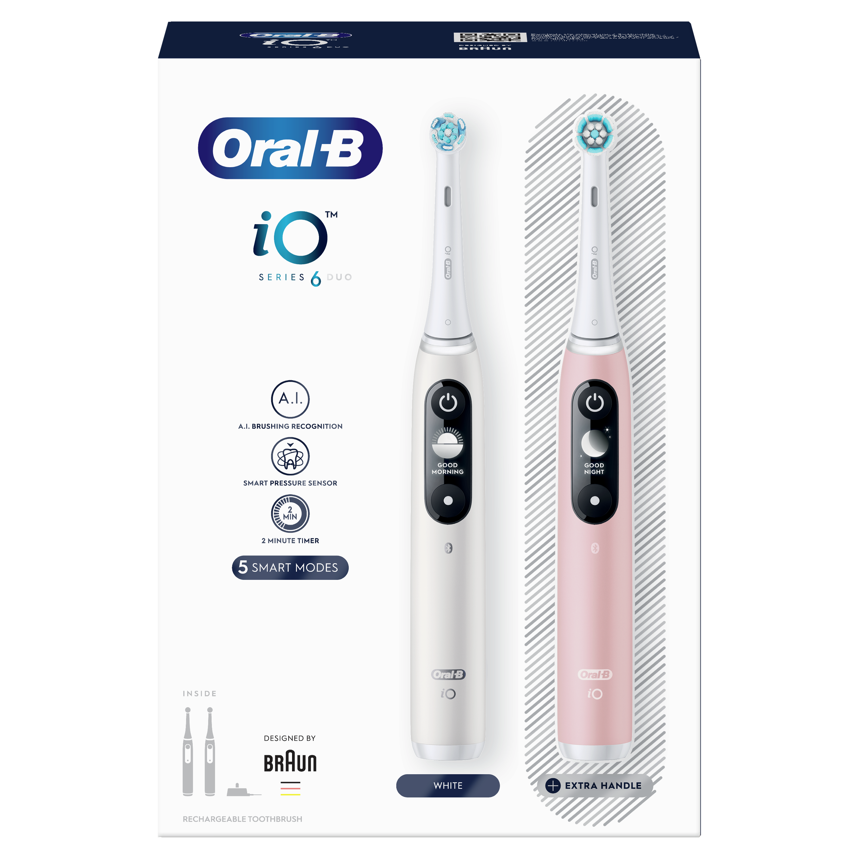 Oral B iO Series 6 Duo fogkefe készlet, fehér és rózsaszín elektromos fogkefékkel.